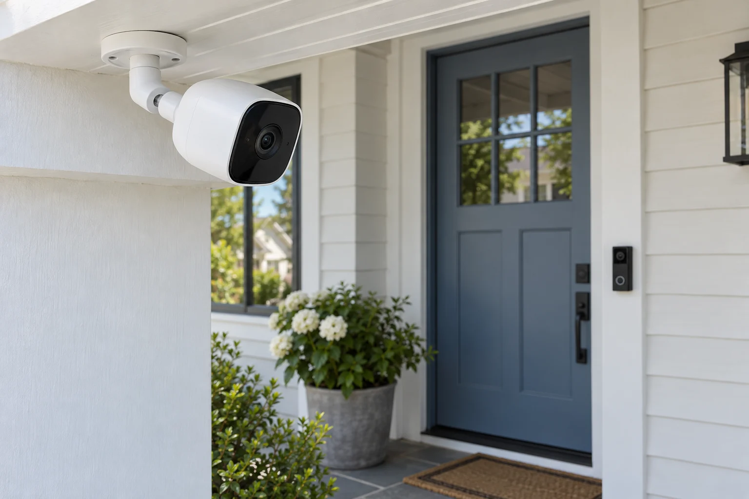 Outdoor security camera and video doorbell installed at a home entrance