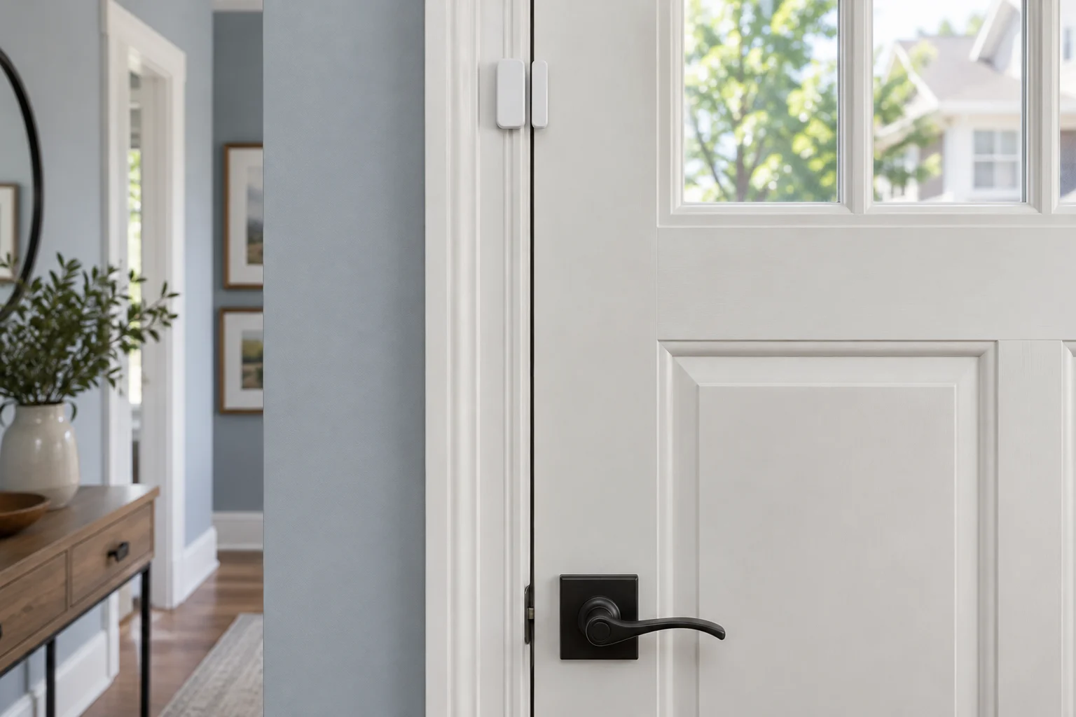 Installed two-part door sensor with one piece on the door and one on the frame