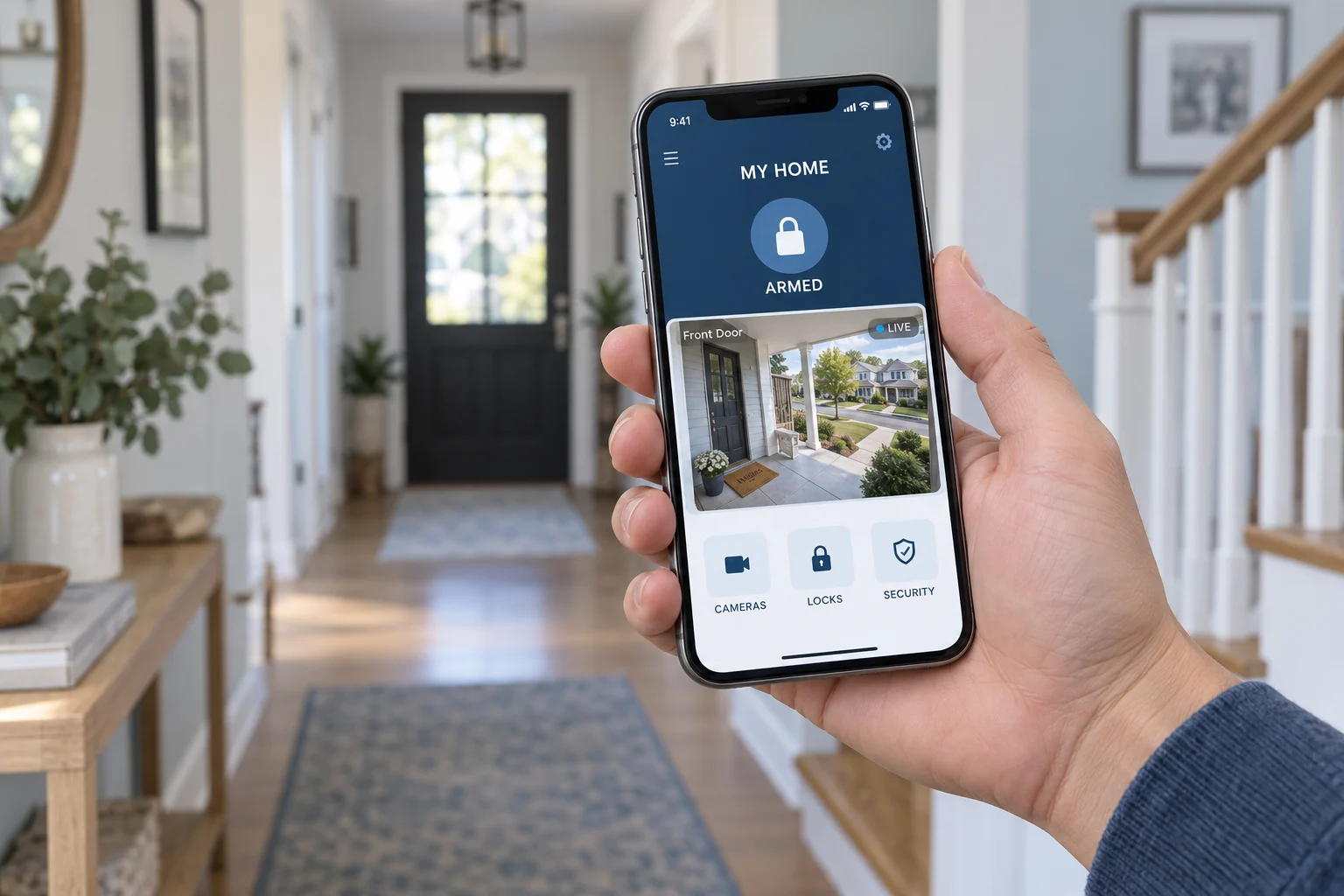 Phone displaying an illustrative security app with home status and camera viewing