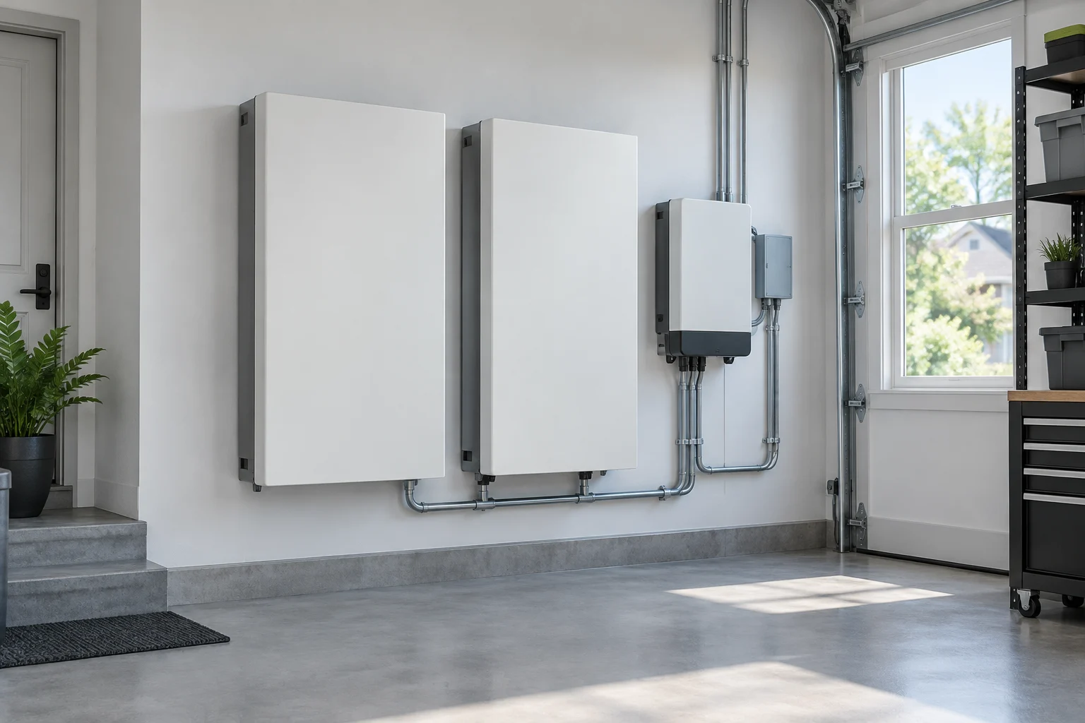 Illustrative residential installation of home battery packs with adjacent power-control equipment