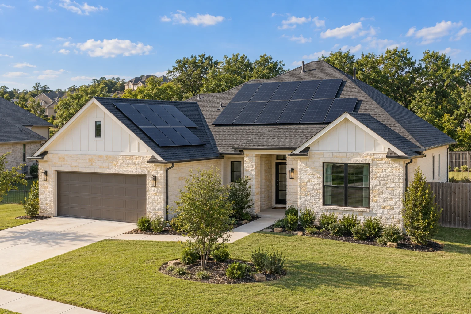 Illustrative American home with a professionally arranged rooftop solar panel system