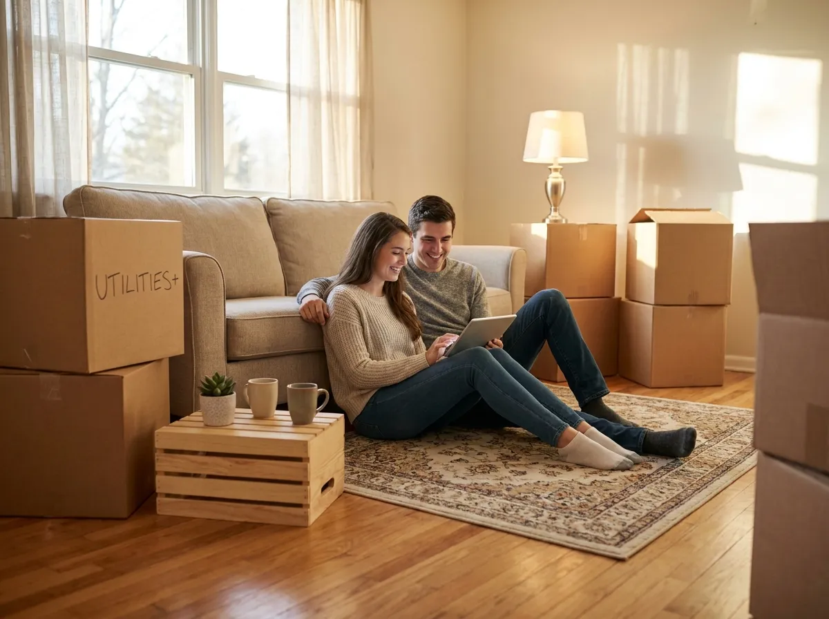 A couple planning their move with a tablet and moving boxes